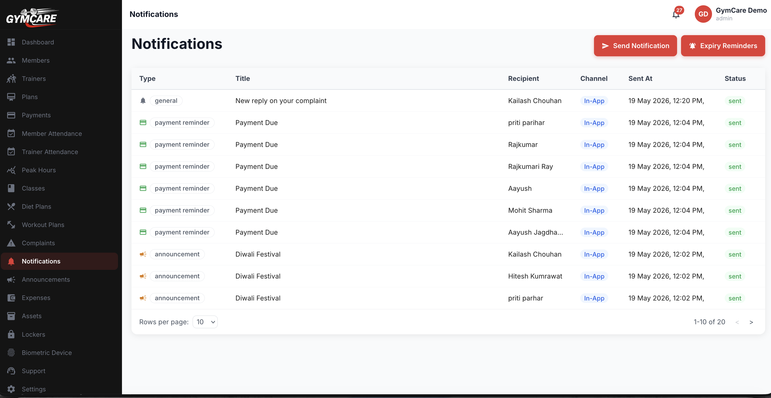 GymCare gym CRM reminders and notifications dashboard