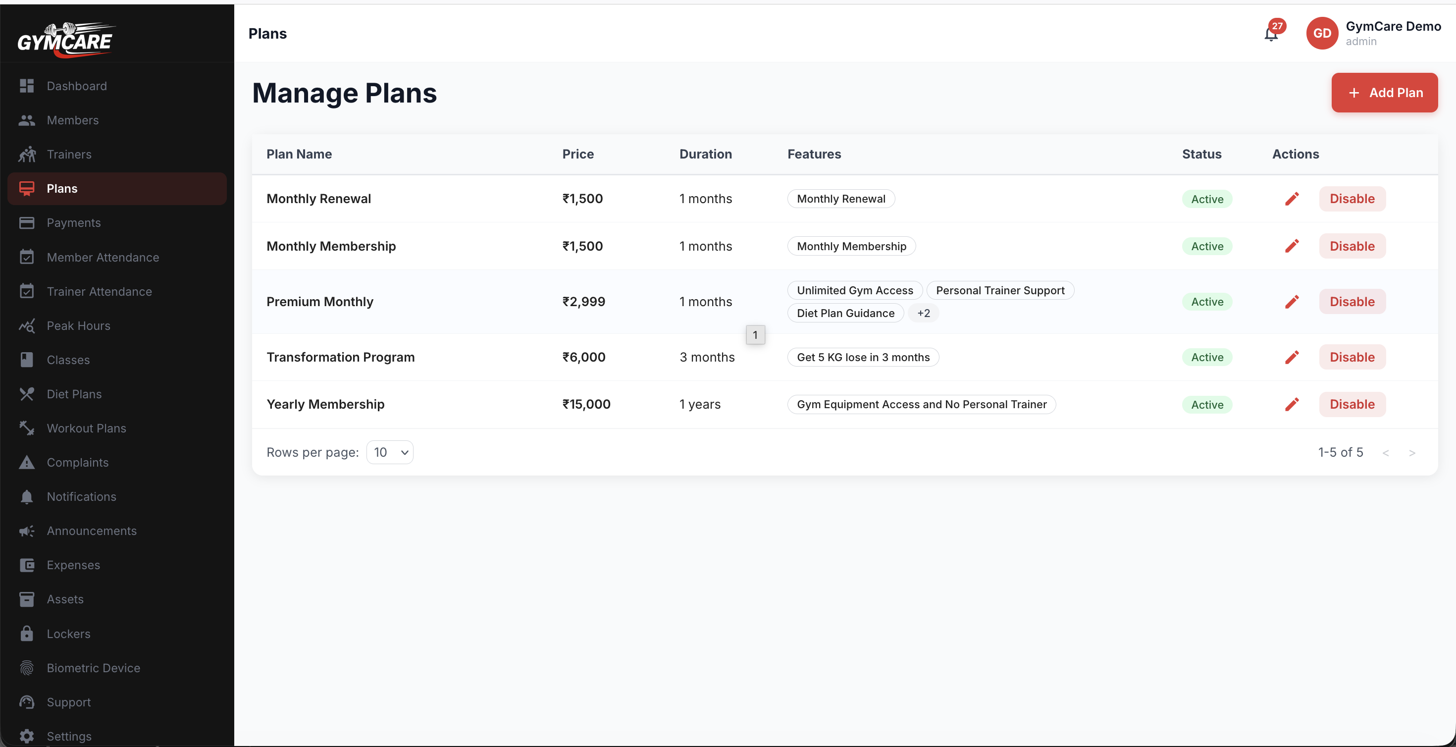 GymCare gym billing software plans and payments dashboard