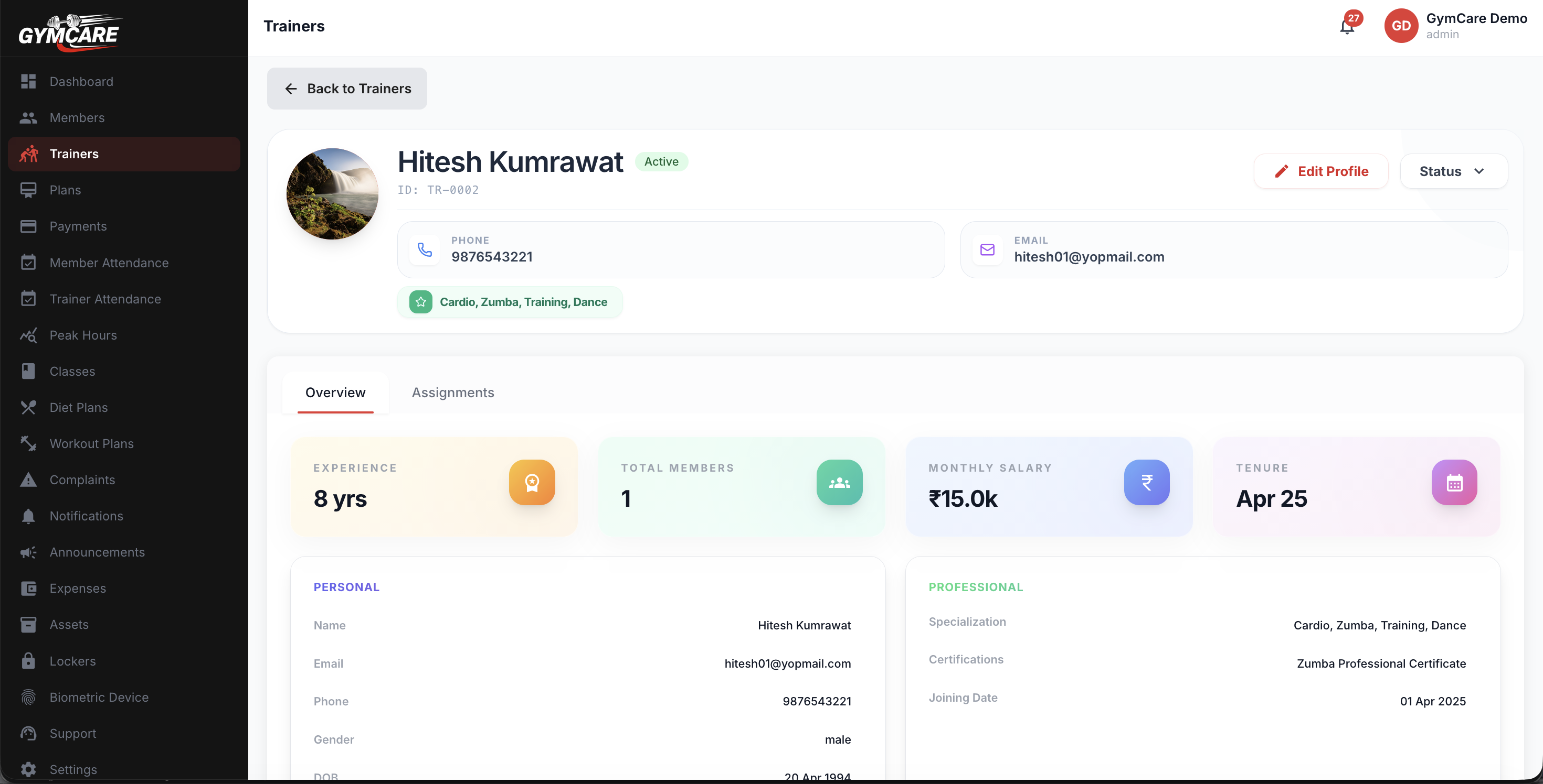 Trainer management dashboard in GymCare fitness studio software