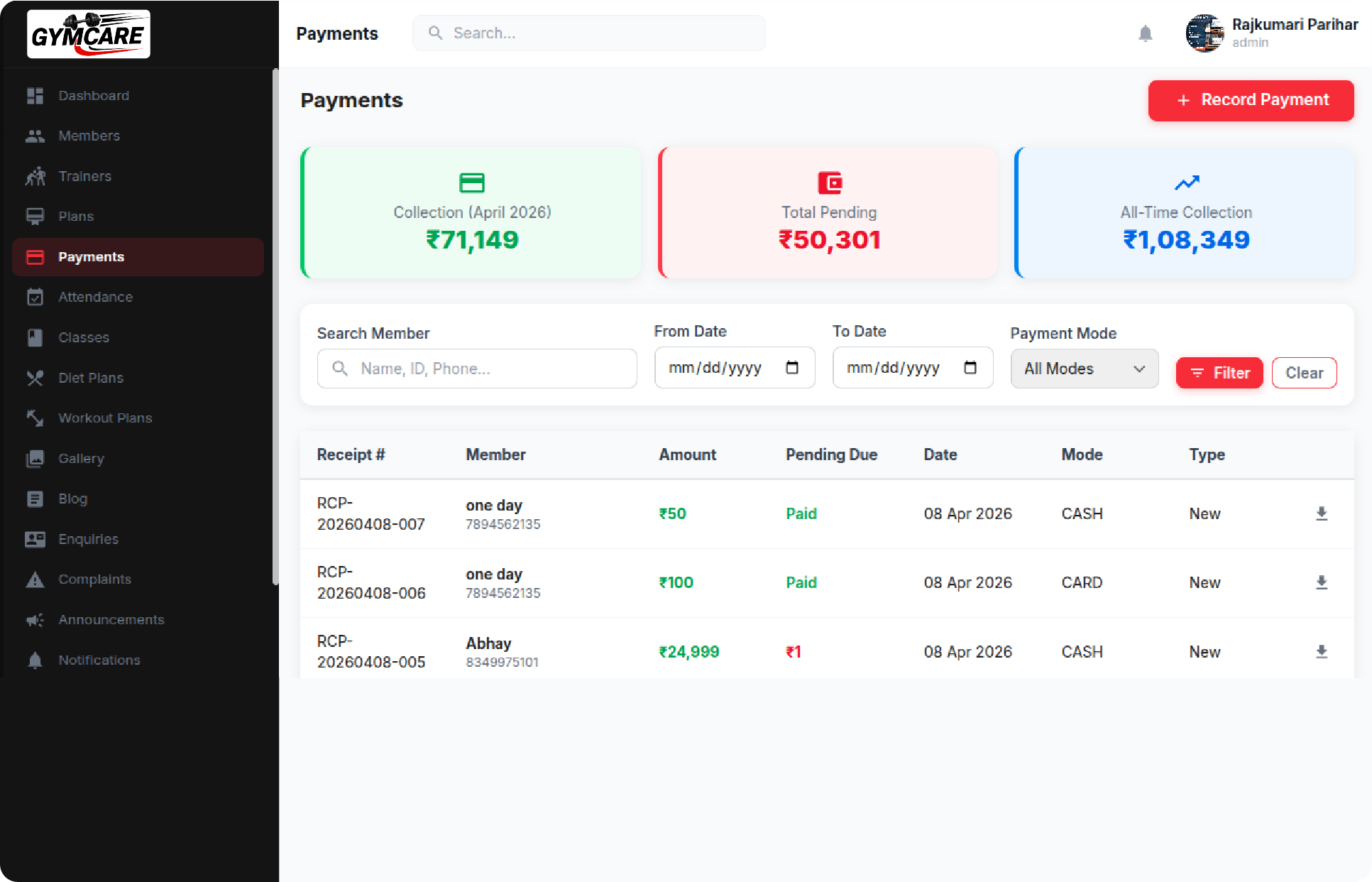 GymCare gym software comparison dashboard