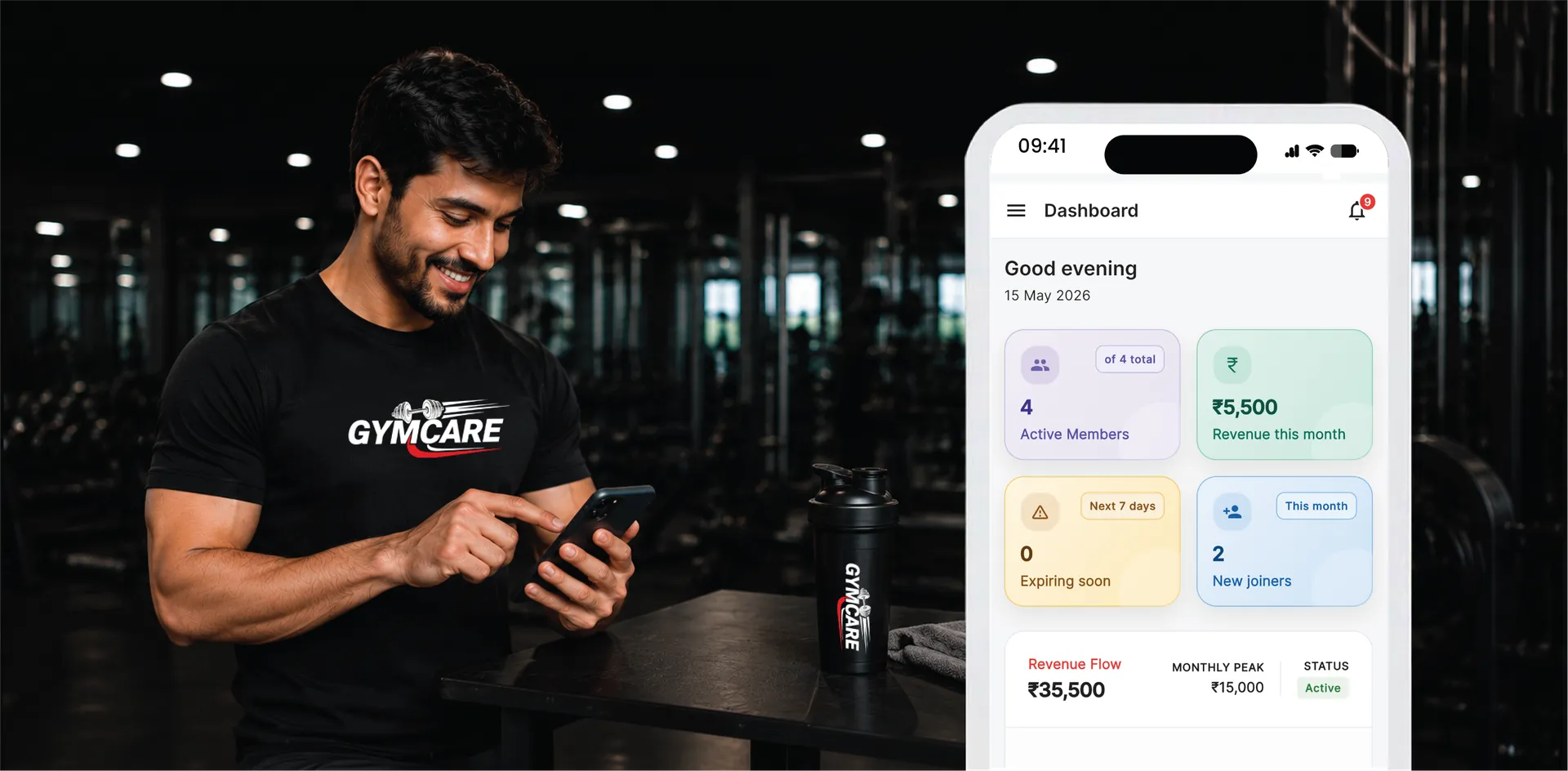 GymCare dashboard showing gym management overview