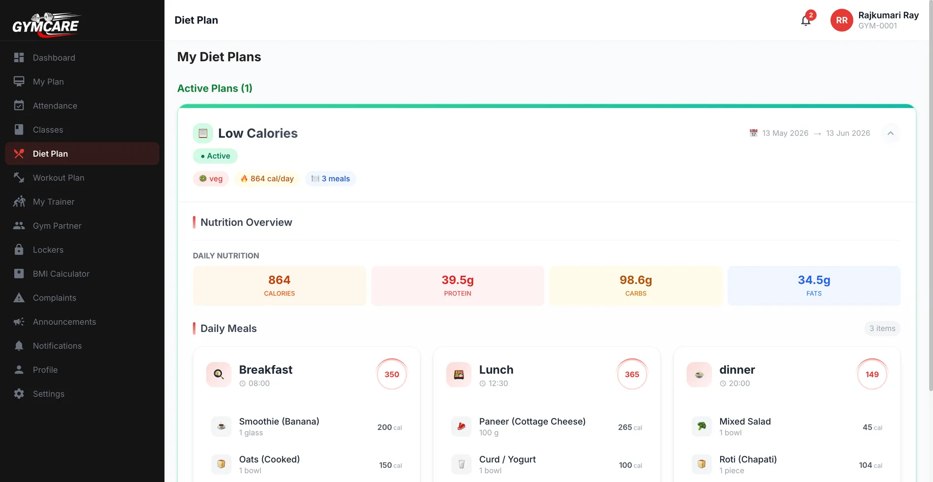 GymCare member diet plan screen