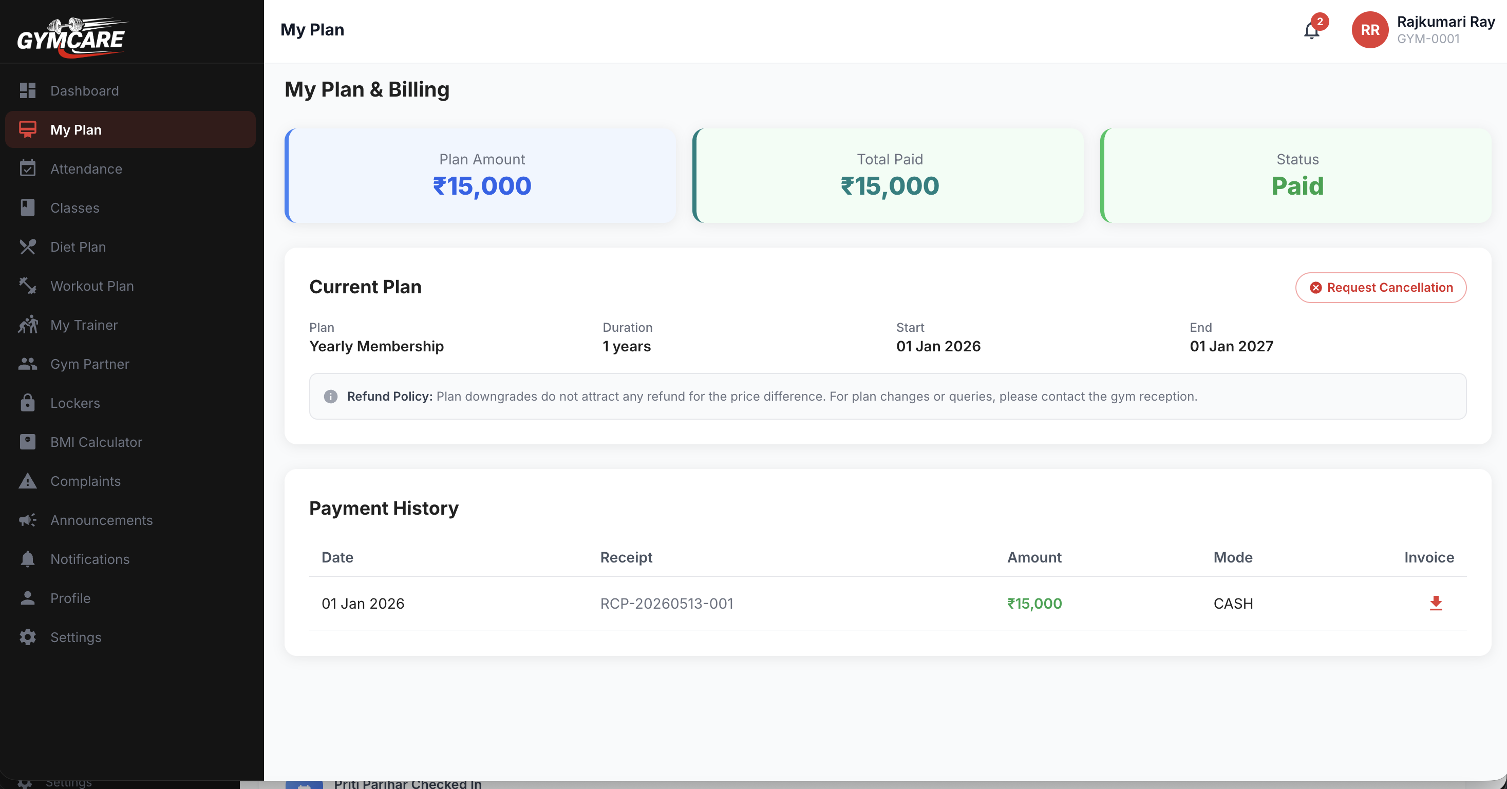 GymCare member app plan and payment details