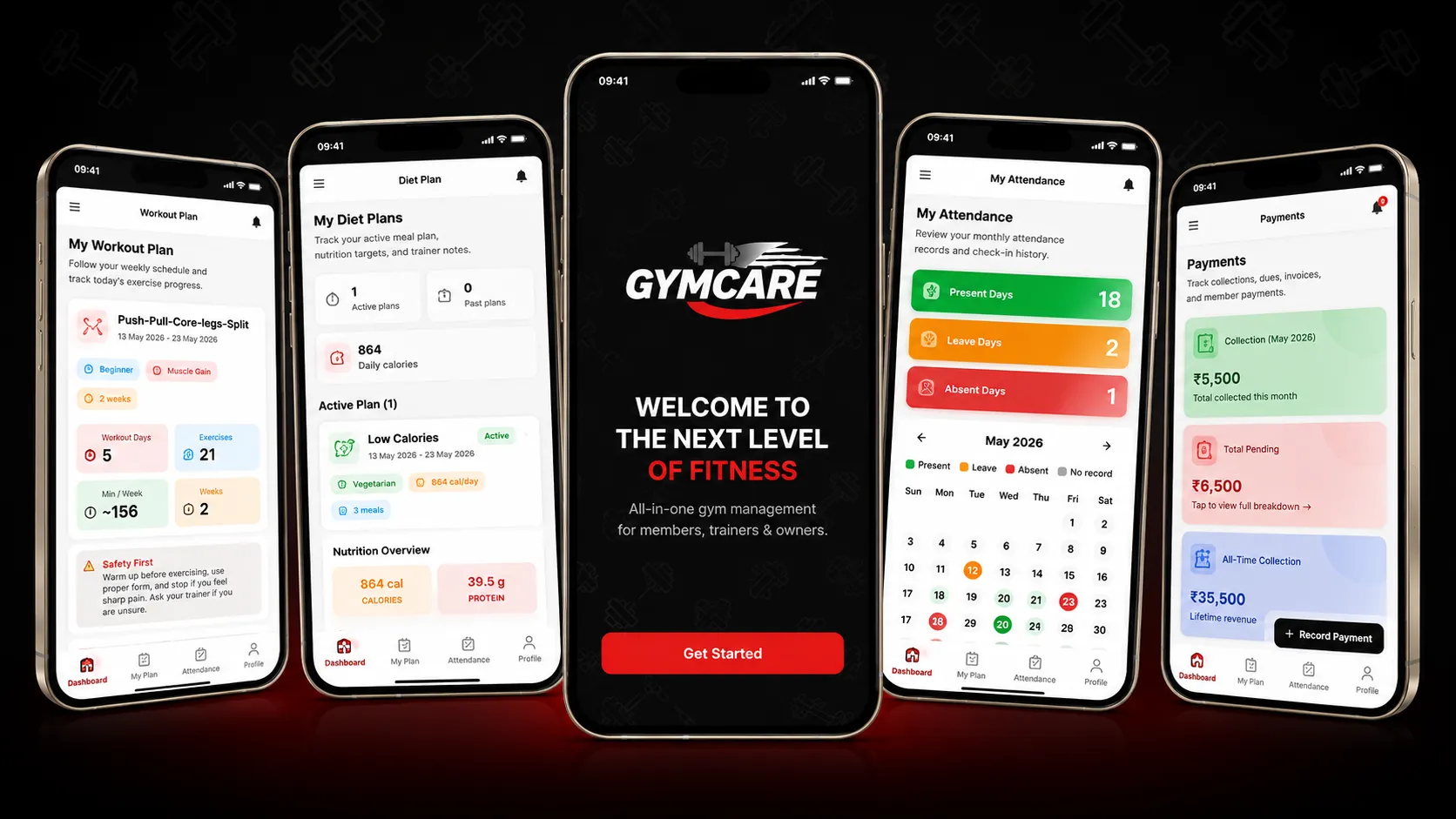 GymCare mobile app screens for member plans and workouts