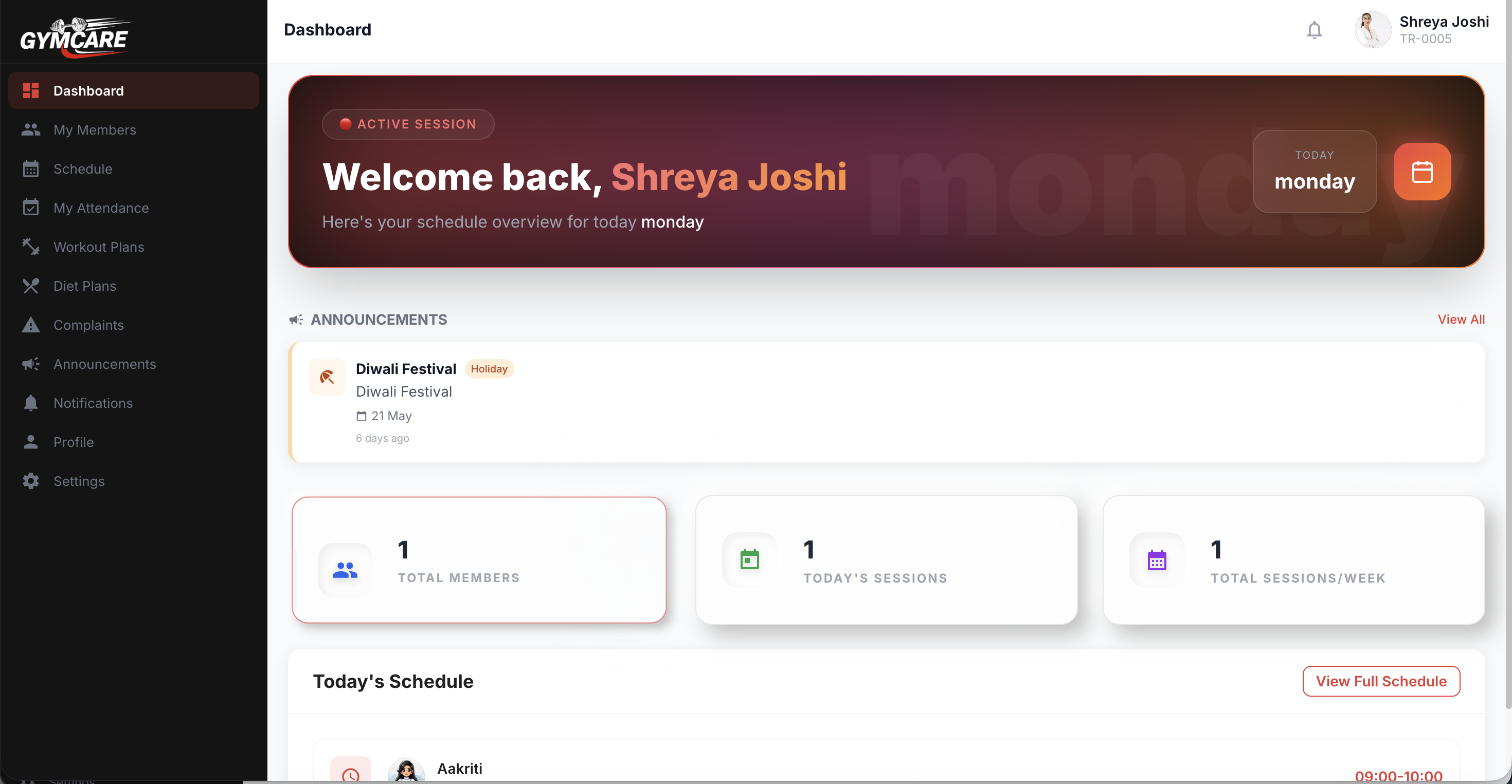 GymCare trainer dashboard for gym CRM follow-ups