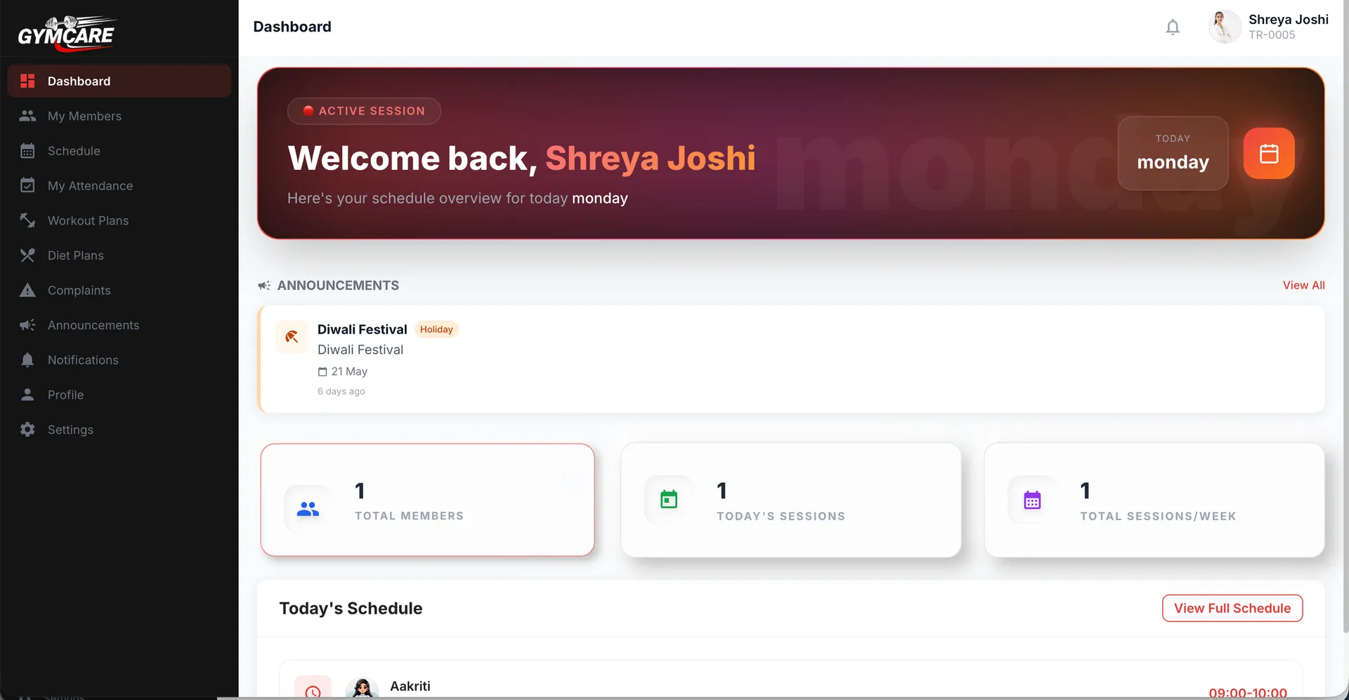 GymCare trainer dashboard for assigned members and coaching workflows